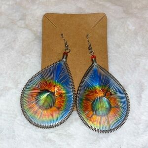 Peacock Teardrop Dangle Drop Silver Wire Thread Earrings